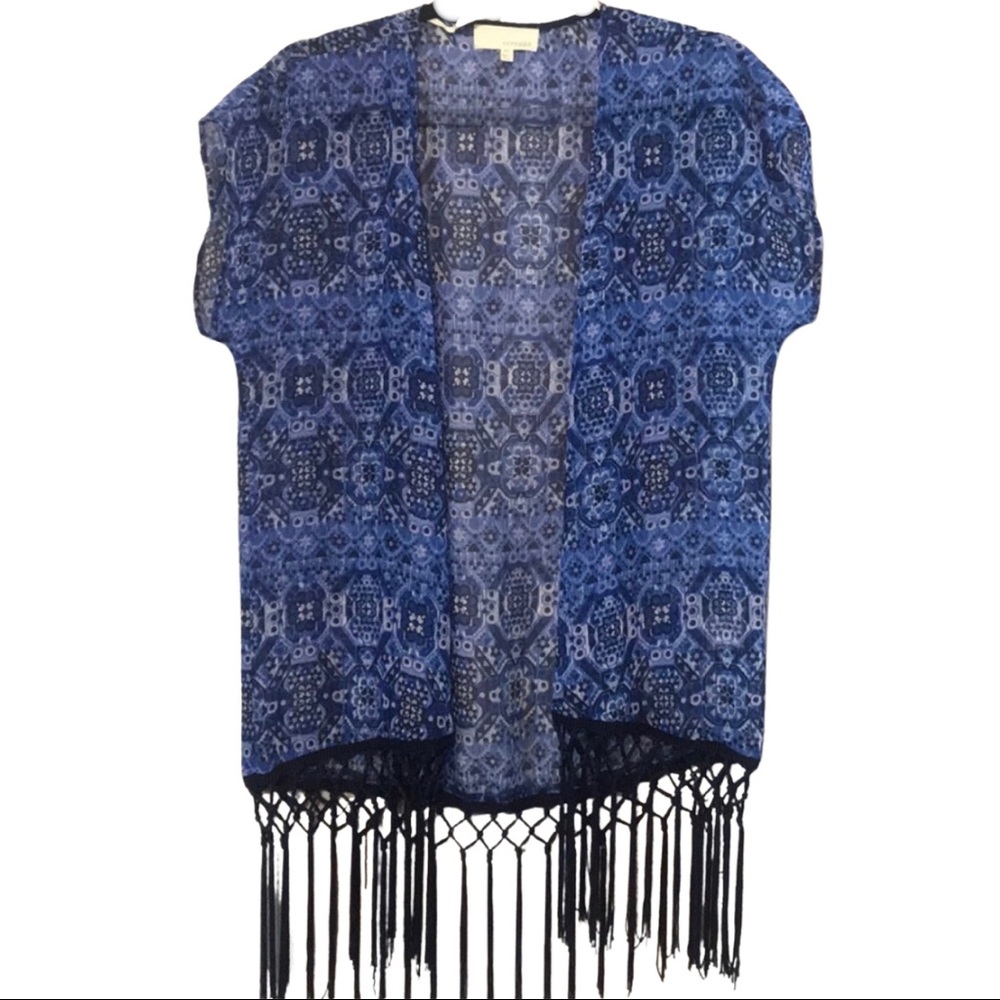 Blue/Black Design Kimono with Fringe Detail
